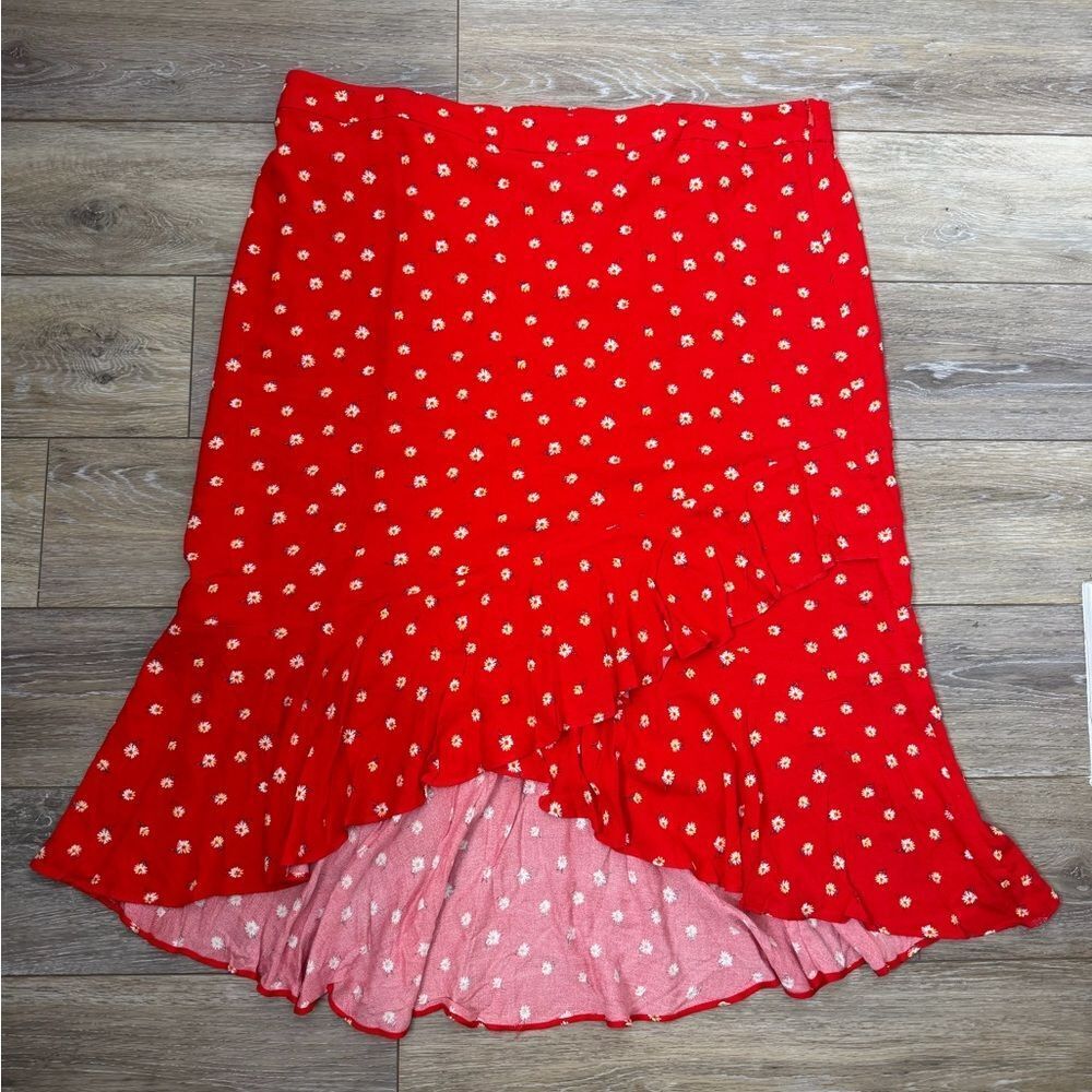 Skies are Blue Red Floral Ruffle Midi Skirt Sz 2X